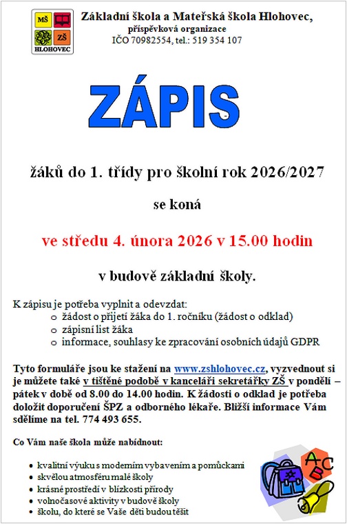 Zápis do 1. ročníku pro školní rok 2026/2027 se uskuteční ve středu 4. února 2026 v budově základní školy. 
